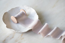 Load image into Gallery viewer, dusty pale pink handmade silk ribbon on a wooden spool