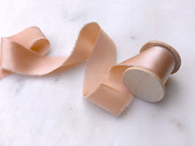 Load image into Gallery viewer, handmade and hand dyed narrow blush silk ribbon by the yard and on a spool