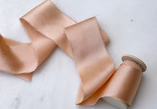 Load image into Gallery viewer, handmade and hand dyed wide blush silk ribbon by the yard and on a spool